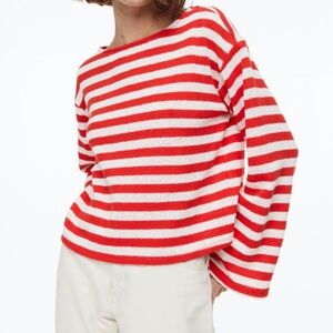 H&M Red and White Textured Striped Boxy fit Sweater Top size XS